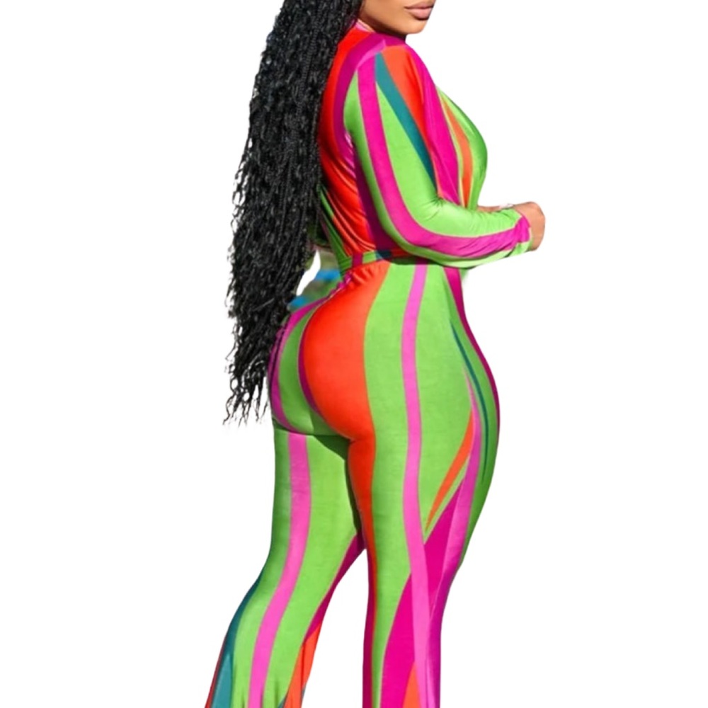 Small DEEP V NECK SHOULDER PAD PATTERN PRINT LONG SLEEVE JUMPSUIT